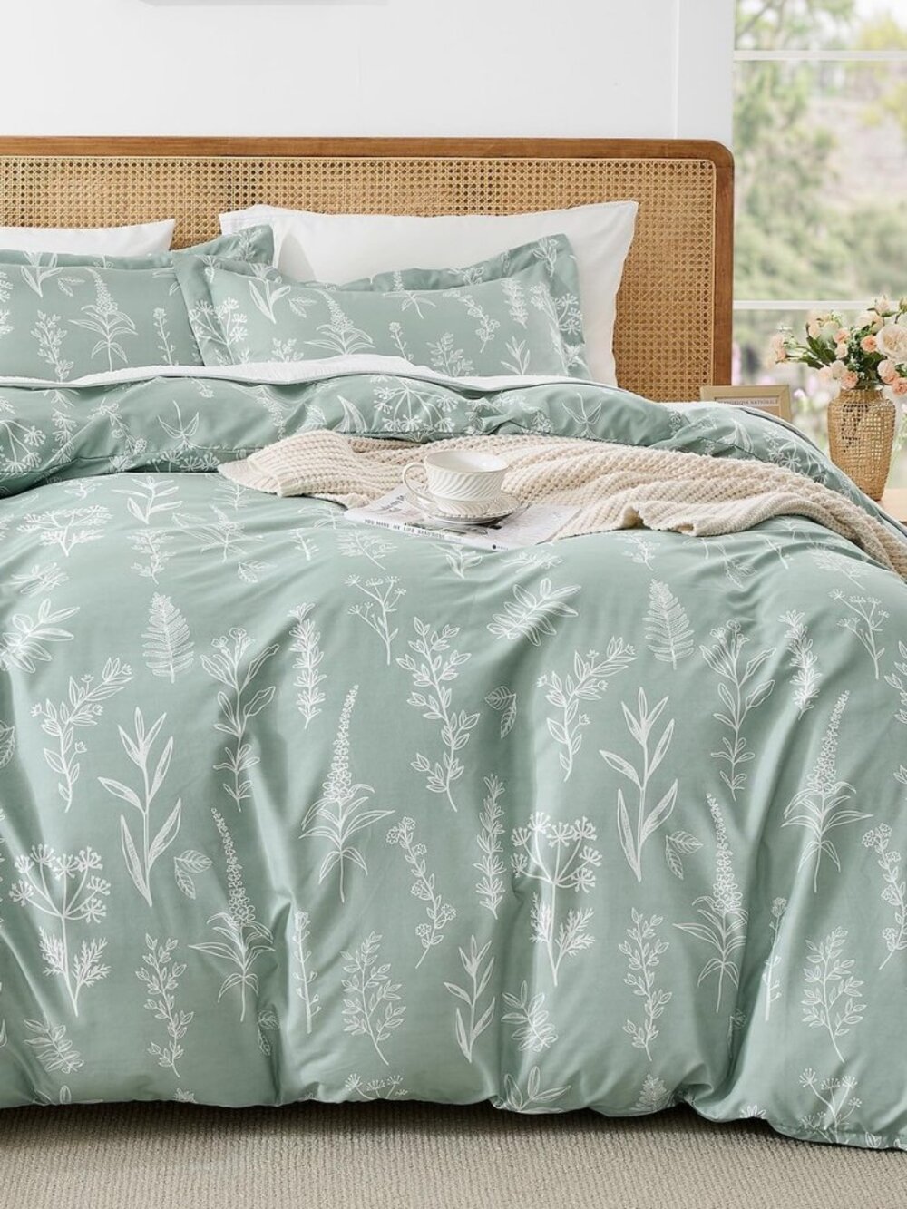 Duvet Cover Queen Size, 3-Piece Floral Green Bedding Set